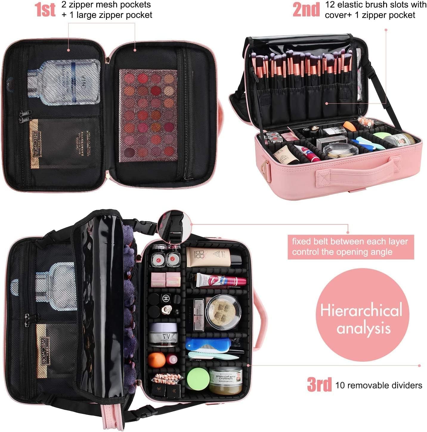 Makeup Bag Travel Makeup Train Case 13.8 Inches Large Cosmetic Case Professional Portable Makeup Brush Holder Organizer and Storage with Adjustable Dividers (Pink, Medium)