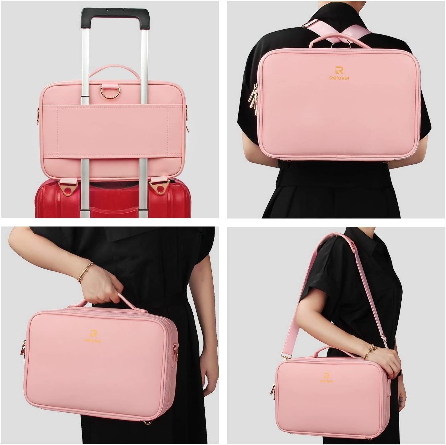Makeup Bag Travel Makeup Train Case 13.8 Inches Large Cosmetic Case Professional Portable Makeup Brush Holder Organizer and Storage with Adjustable Dividers (Pink, Medium)
