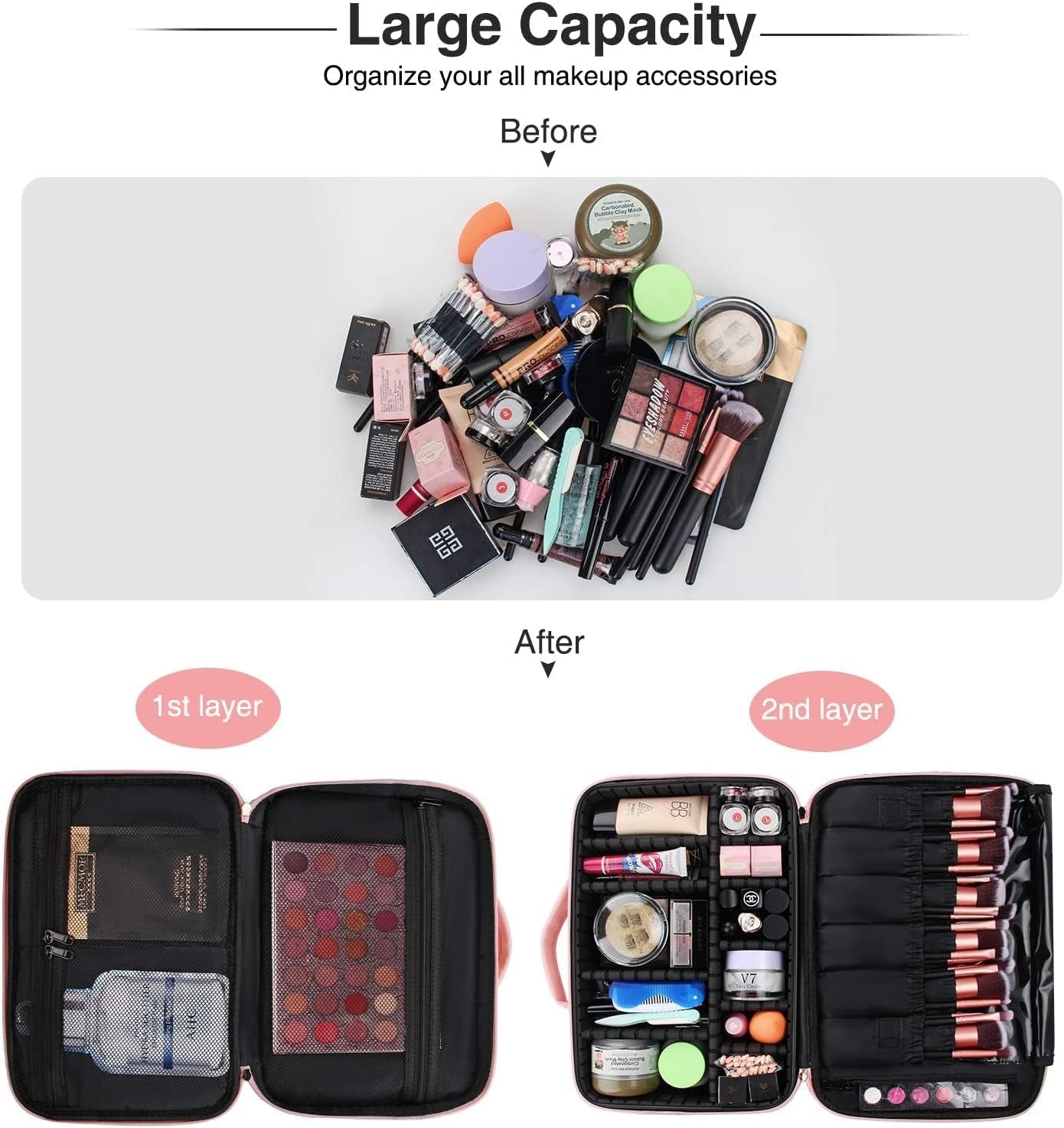 Makeup Bag Travel Makeup Train Case 13.8 Inches Large Cosmetic Case Professional Portable Makeup Brush Holder Organizer and Storage with Adjustable Dividers (Pink, Medium)