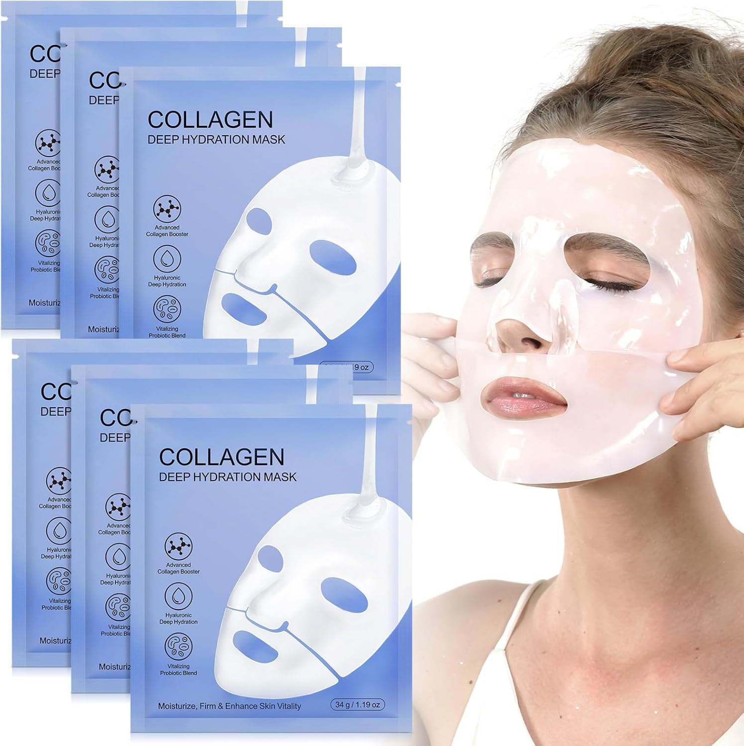 Bio Collagen Face Mask, Bio Collagen Deep Hydration Mask, Collagen Overnight Mask - Moisturize, Firm & Enhance Skin Vitality (34G X 6Ea)