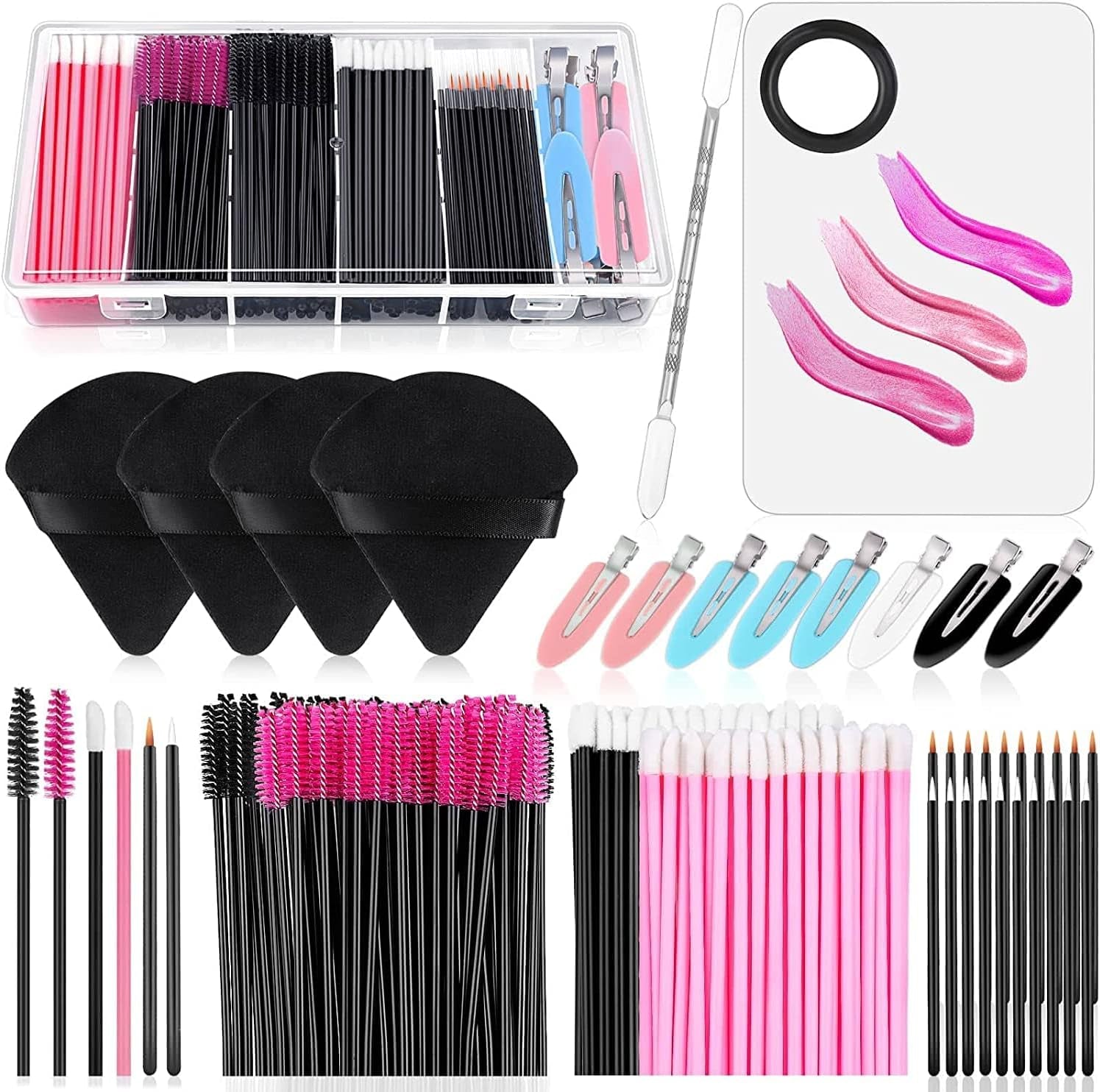 Disposable Makeup Applicators Kit with Triangle Puffs, Mixing Palette, Mascara Wands, Lip Brushes, Hair Clips, Powder Puffs for Face - Storage Box Included