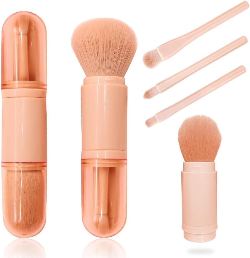 Portable Travel Makeup Brushes Set, 4 in 1 Mini Retractable Pink Brush for Women Facial Cosmetics Makeup