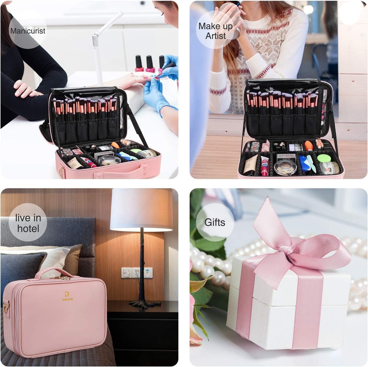 Makeup Bag Travel Makeup Train Case 13.8 Inches Large Cosmetic Case Professional Portable Makeup Brush Holder Organizer and Storage with Adjustable Dividers (Pink, Medium)