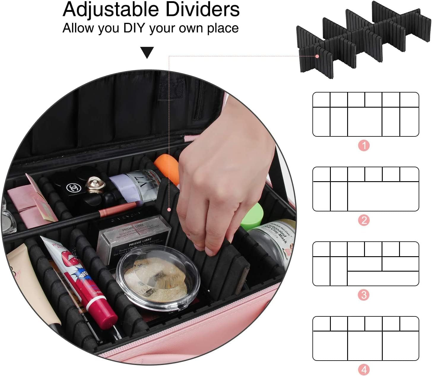 Makeup Bag Travel Makeup Train Case 13.8 Inches Large Cosmetic Case Professional Portable Makeup Brush Holder Organizer and Storage with Adjustable Dividers (Pink, Medium)