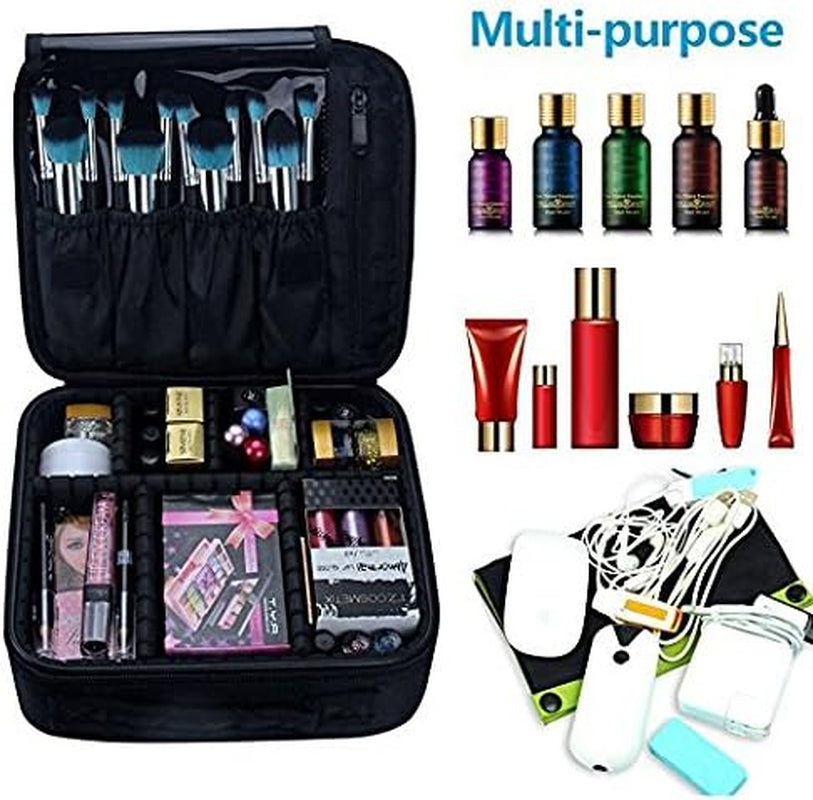 Makeup Bag, Small Makeup Bag Makeup Organisers Makeup Case Travel Makeup Bag, Professional Cosmetic Bag Artists Case Brush Holder with Brush Slots Adjustable Divider Waterproof Material