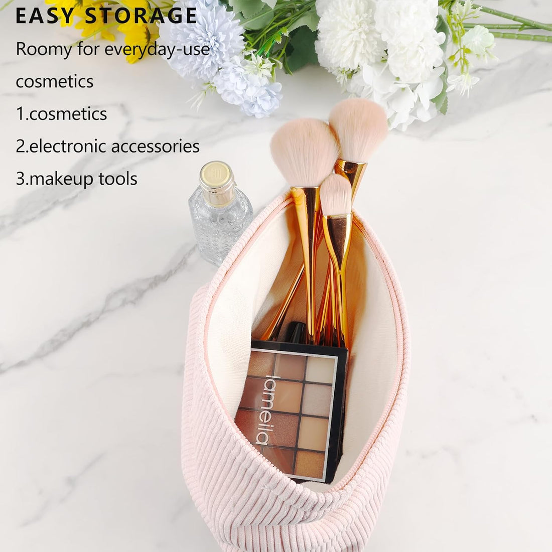 Makeup Bag for Women Large Capacity Cosmetic Bag Travel Makeup Pouch for Purse Zipper Toiletry Bags Organizer Cute Y2K Aesthetic Trendy Adults Makeup Brushes Storage Bags, Corduroy 1Pcs L Pale Pink