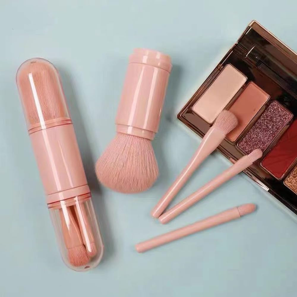 Portable Travel Makeup Brushes Set, 4 in 1 Mini Retractable Pink Brush for Women Facial Cosmetics Makeup