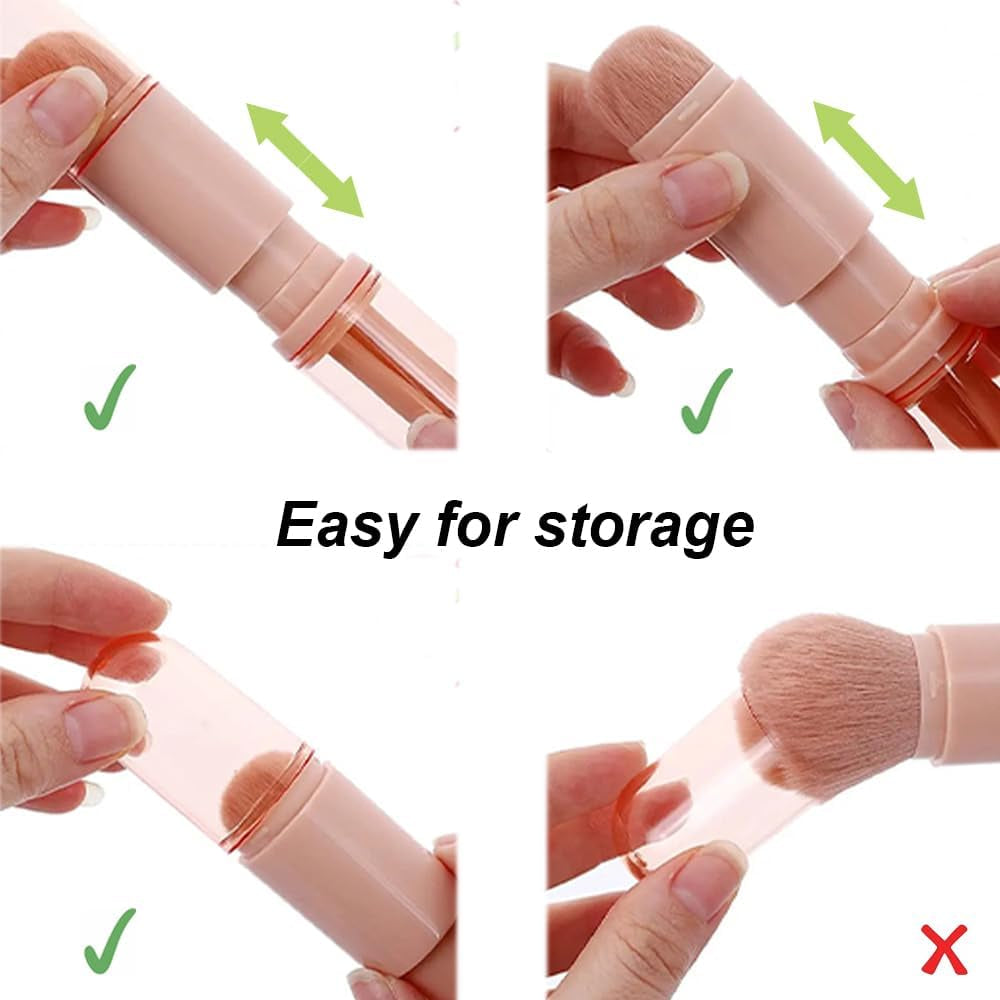 Portable Travel Makeup Brushes Set, 4 in 1 Mini Retractable Pink Brush for Women Facial Cosmetics Makeup