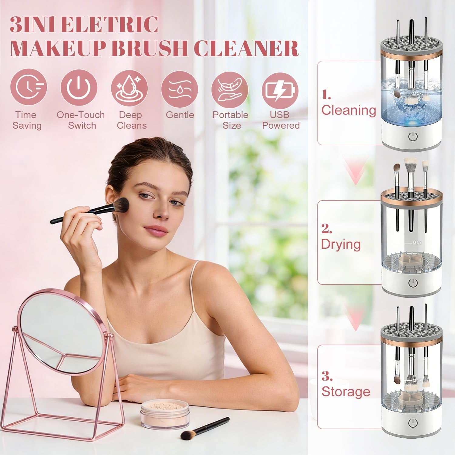 3-In-1 Upgraded Electric Makeup Brushs Cleaner,  Automatic Makeup Brush Cleaning Machine with Brush Clean Mat, Automatic Cosmetic Brush Cleaner for All Size Makeup Brushes, Gifts for Wife, Girlfriend