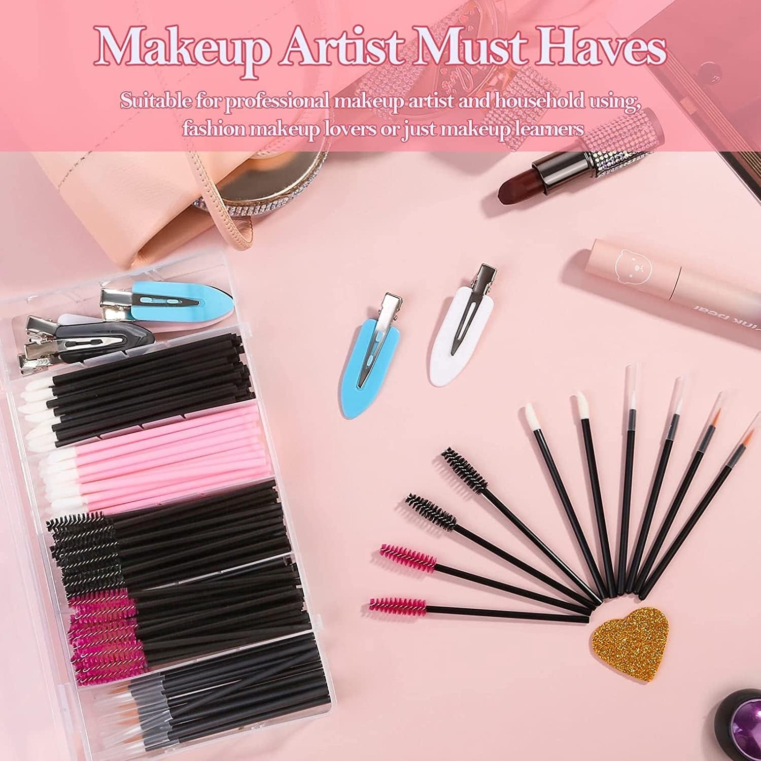 Disposable Makeup Applicators Kit with Triangle Puffs, Mixing Palette, Mascara Wands, Lip Brushes, Hair Clips, Powder Puffs for Face - Storage Box Included