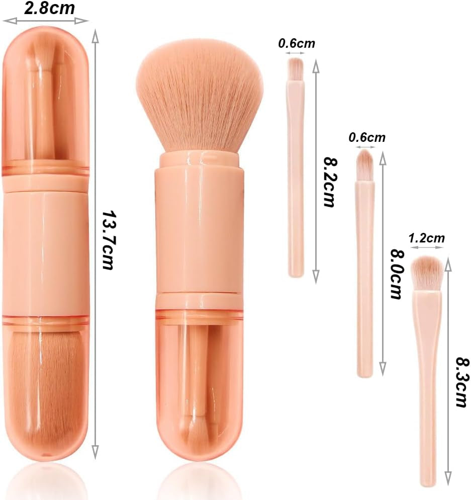 Portable Travel Makeup Brushes Set, 4 in 1 Mini Retractable Pink Brush for Women Facial Cosmetics Makeup