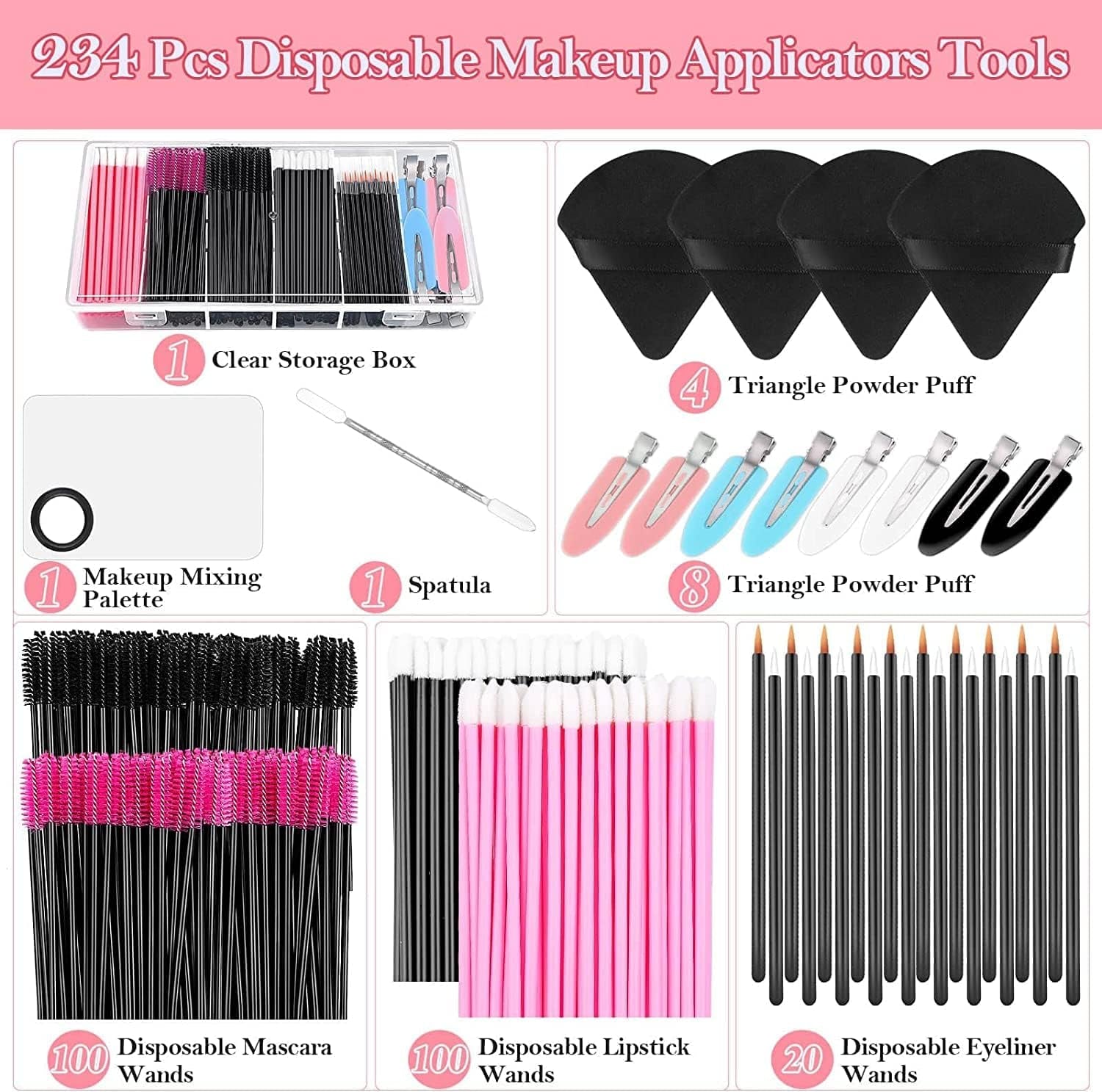 Disposable Makeup Applicators Kit with Triangle Puffs, Mixing Palette, Mascara Wands, Lip Brushes, Hair Clips, Powder Puffs for Face - Storage Box Included
