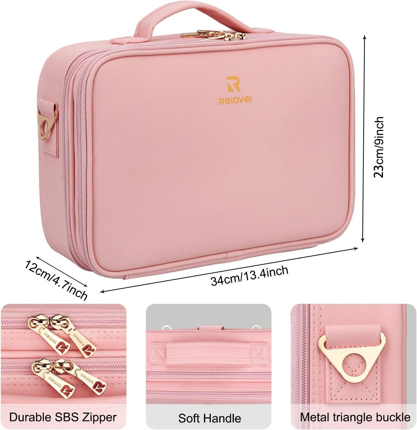 Makeup Bag Travel Makeup Train Case 13.8 Inches Large Cosmetic Case Professional Portable Makeup Brush Holder Organizer and Storage with Adjustable Dividers (Pink, Medium)