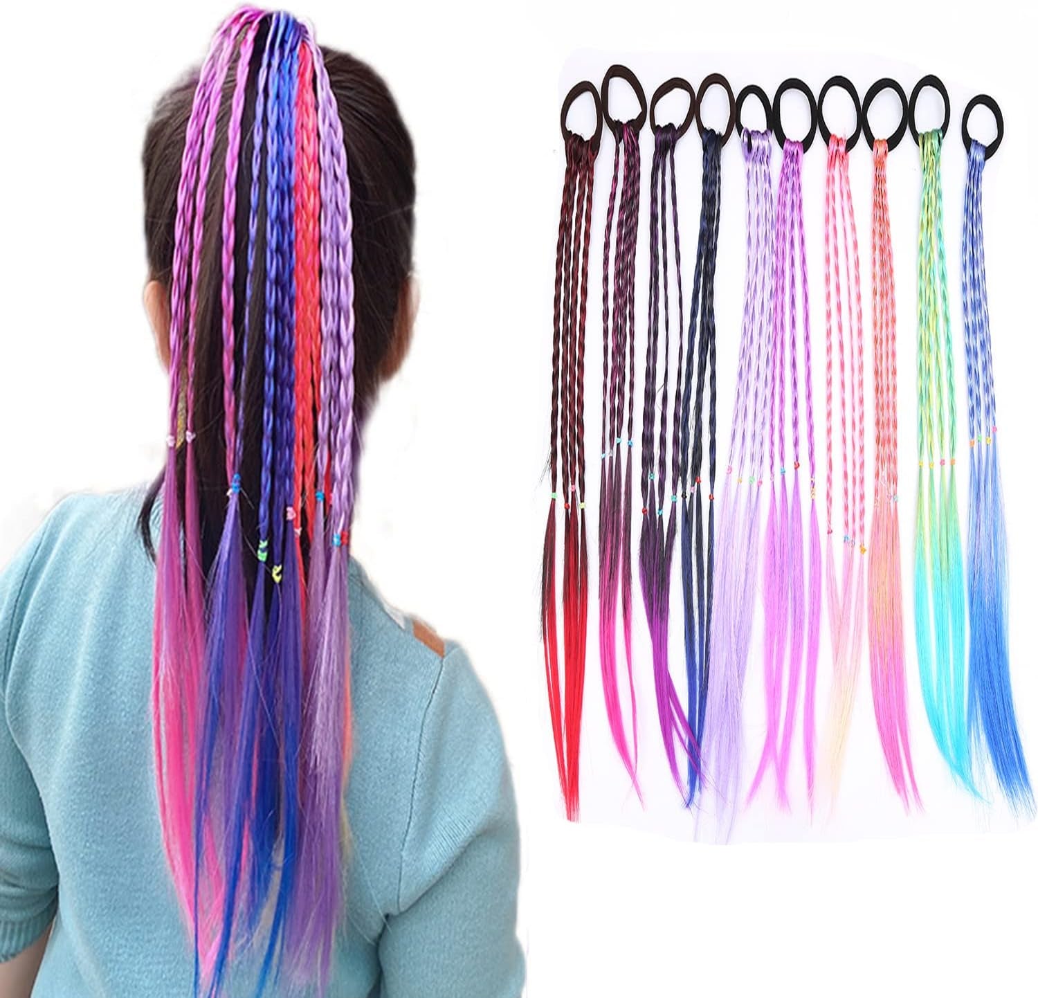 10Pcs Colorful Wig Braid Head Rope, Hair Strands Hairpieces,Kids Hair Strands Braided Hair Braided Extension,Kids Hair Extension Braided Hair Tie Band,Colored Braids Hair Extension Braided Ponytail