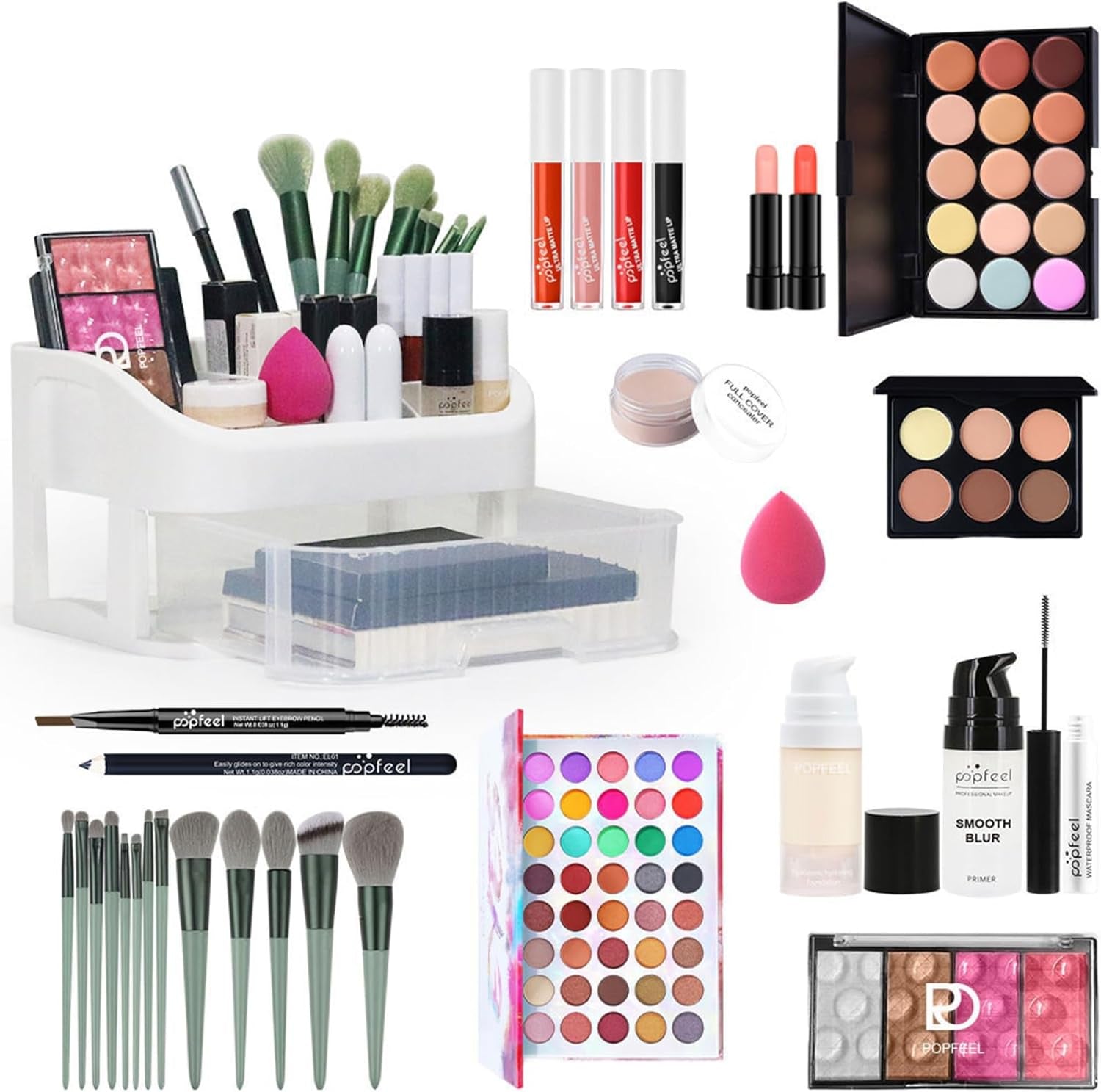 All in One Makeup Kit, Travel Makeup Kit, Complete Makeup Set with Organizer Eyeshadow Palette Foudation Concealer Lipstick Makeup Sponges Eyebrow Pencil for Girls Teenagers Beginners