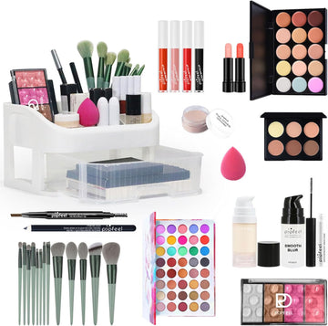 All in One Makeup Kit, Travel Makeup Kit, Complete Makeup Set with Organizer Eyeshadow Palette Foudation Concealer Lipstick Makeup Sponges Eyebrow Pencil for Girls Teenagers Beginners