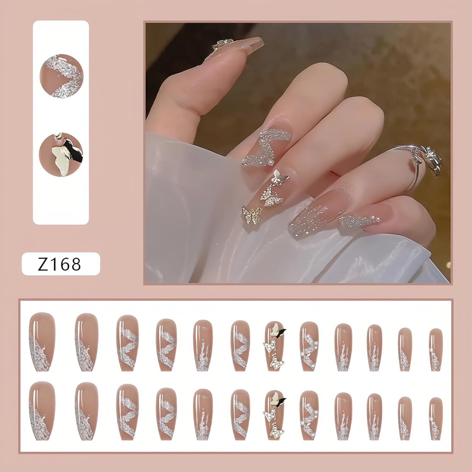 Press on Nails, 24Pcs Long Square False Nails, Reusable Colorful Stick on Nails, Full Cover Nails with Nail Tools, Fake Nails for Women Girls Nail Salon (Z168, Long)